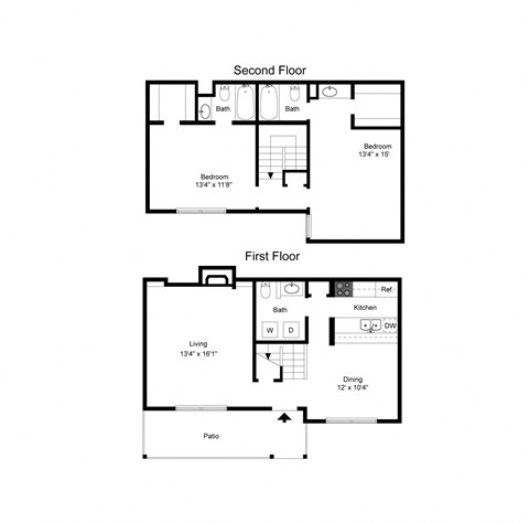 Floor plan for 2 beds, 2.5 baths, 1160 sqft